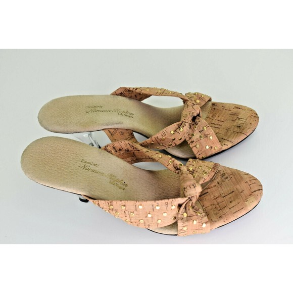 Norman Kaplan Las Vegas Woman's Heels Leather Cork Gold Studded Lucite Size 6 - Picture 5 of 9